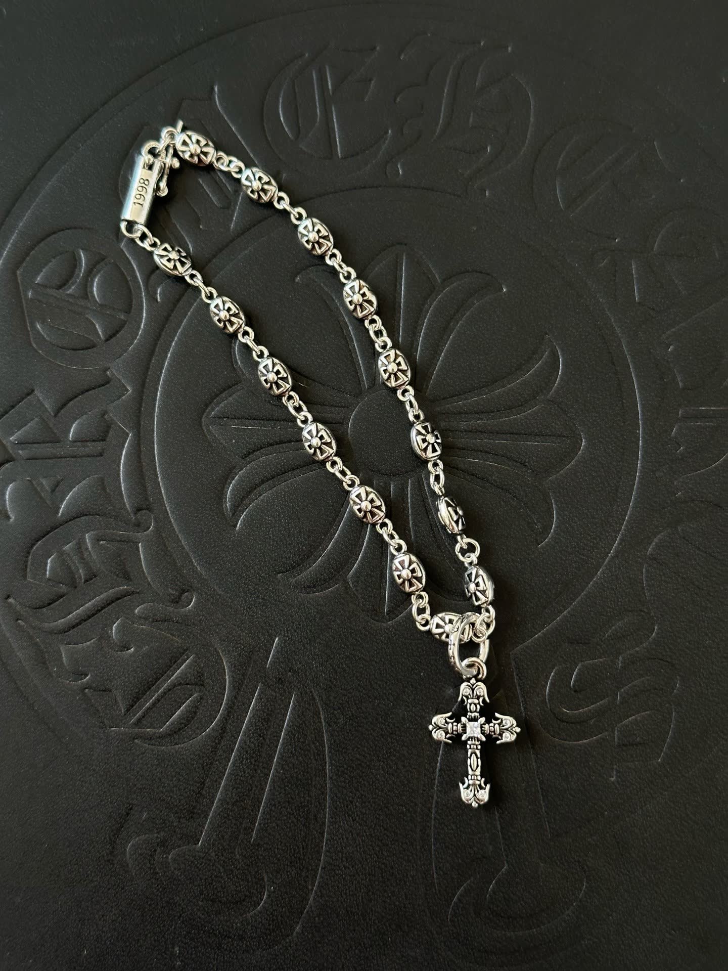 Chrome Hearts Black Rose Jewelry Silver Cross Bracelet
